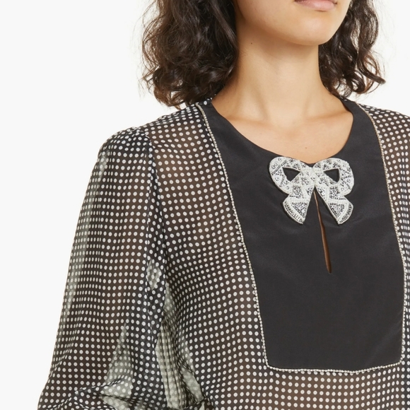 NWT SALONI Black & White Beaded Bow Silk Georgette Blouse Sz 8 - Picture 3 of 13